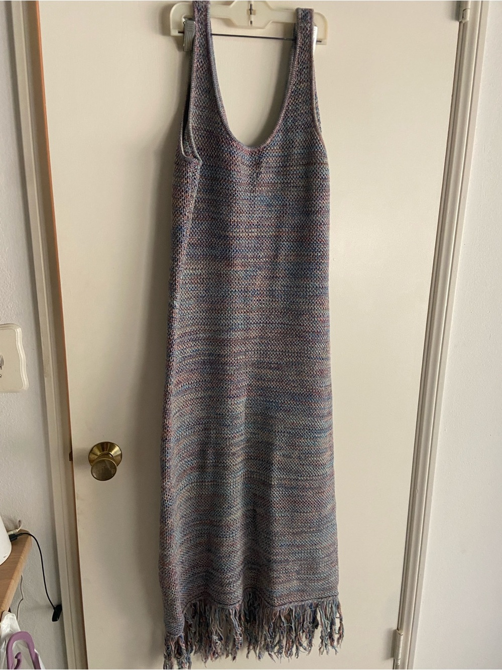 Sleeveless Multicolor Knit Maxi Dress with Fringe Hem